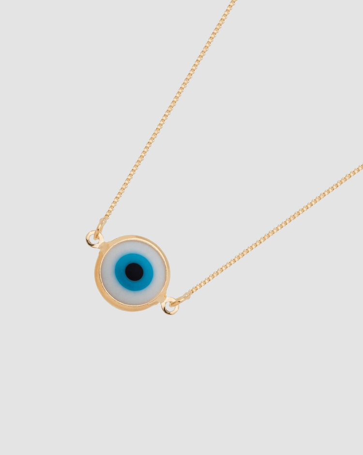 Choker olho grego banhado a ouro 18k com corrente veneziana e olho em resina azul e branco — semijoia feminina Papoula