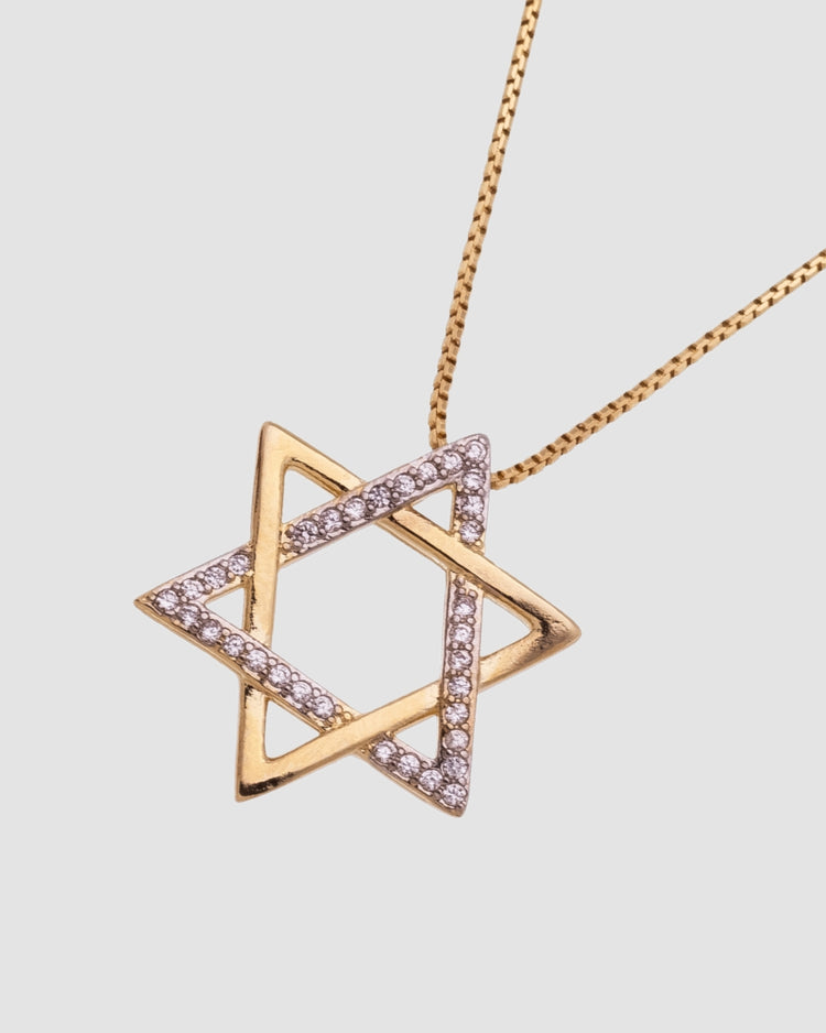 colar estrela de davi dourado Papoula, semijoia banhada a ouro 18k com pendente estrela de 1,8cm em corrente veneziana de 45cm, zircônias brilhantes, acabamento polido brilhante, antialérgico, fotografado em fundo cinza neutro, fotografia de produto para e-commerce
