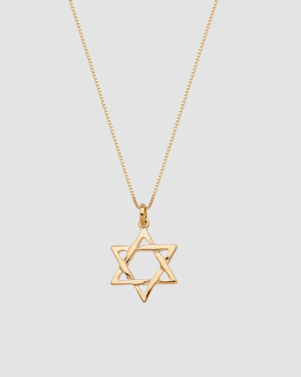 colar estrela de davi dourado Papoula, semijoia banhada a ouro 18k com pendente estrela de 1,8cm em corrente veneziana de 45cm, acabamento polido brilhante, antialérgico, fotografado em fundo cinza neutro