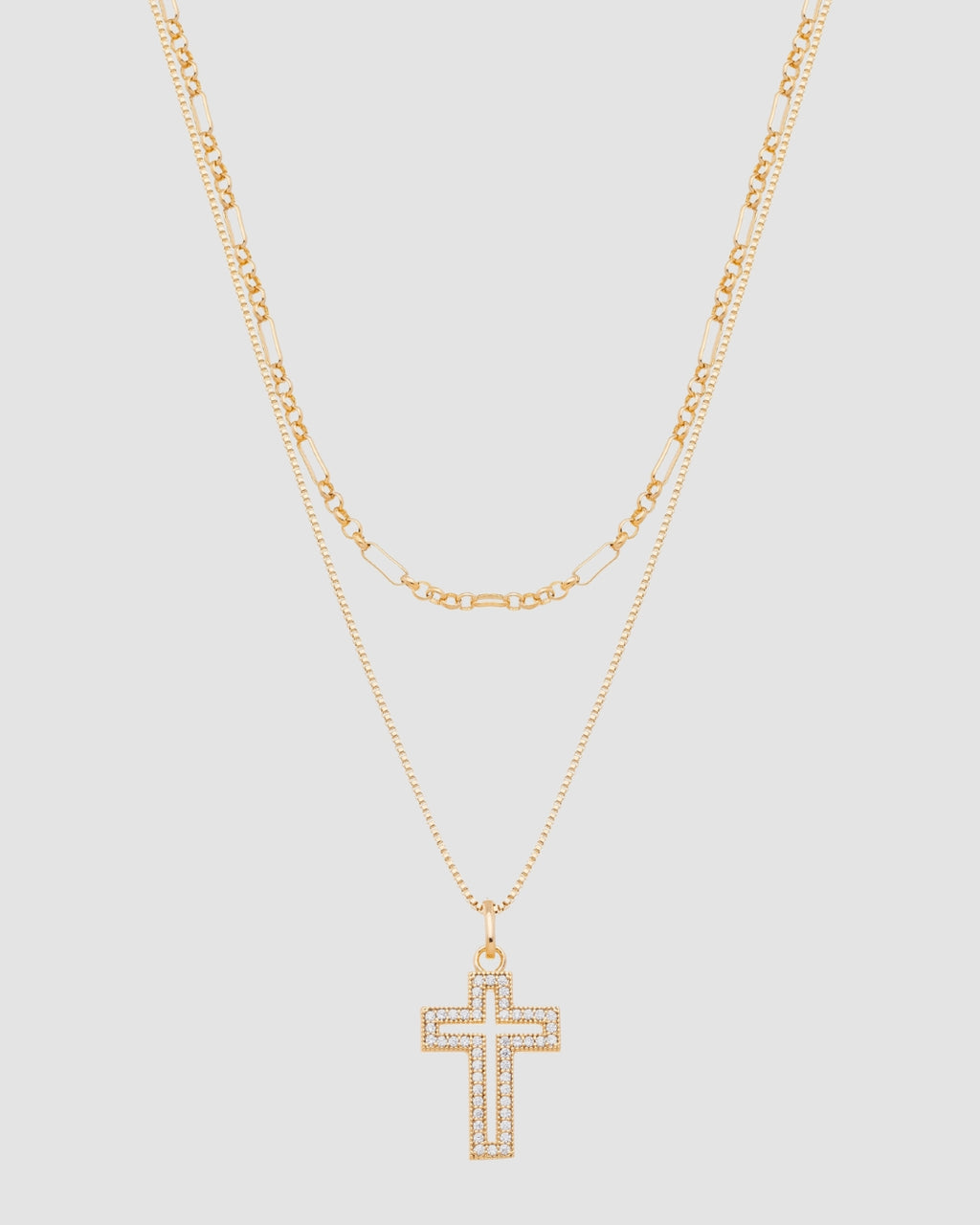 Colar duplo banhado a ouro 18k com corrente cartier e veneziana e pingente crucifixo vazado com microzircônias — semijoia feminina Papoula
