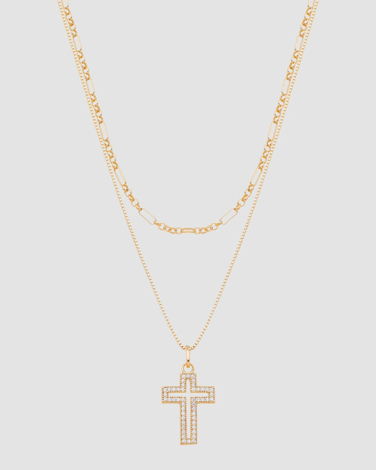 Colar duplo banhado a ouro 18k com corrente cartier e veneziana e pingente crucifixo vazado com microzircônias — semijoia feminina Papoula
