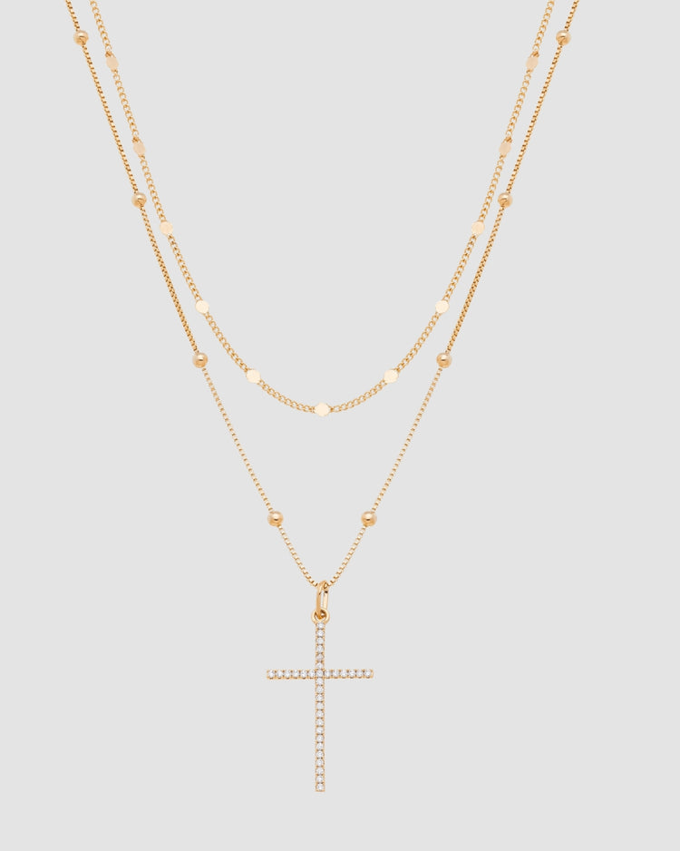 Colar duplo banhado a ouro 18k com corrente satélite, corrente veneziana com bolinhas e pingente crucifixo com microzircônias — semijoia feminina Papoula