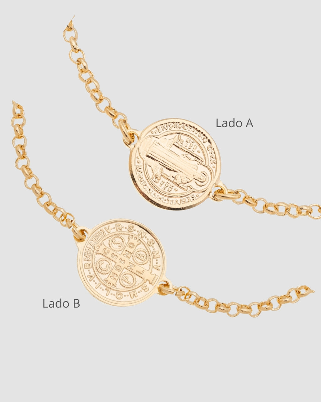 pulseira banhada a ouro 18k com medalha São Bento frente e verso, corrente elo redondo e fecho lagosta — semijoia religiosa Papoula