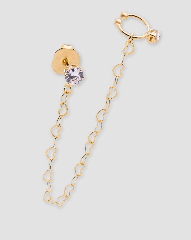 Detalhe brinco ear line corrente elos coração dourado com ponto de luz zircônia e ear cuff piercing fake banhado a ouro
