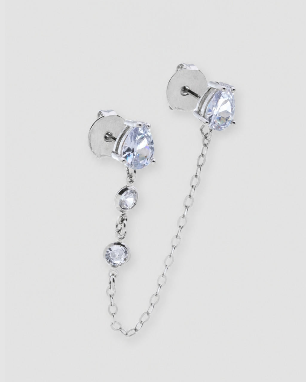 Brinco ear line corrente gota zircônia semijoia banhado a ródio para dois furos na orelha — acessório feminino Papoula