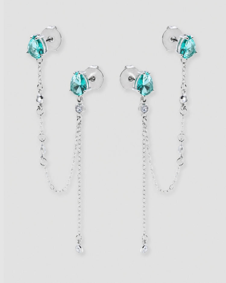 Par de brincos ear line corrente gota zircônia verde água semijoia banhado a ródio 8,5 cm entre furos — acessório feminino Papoula
