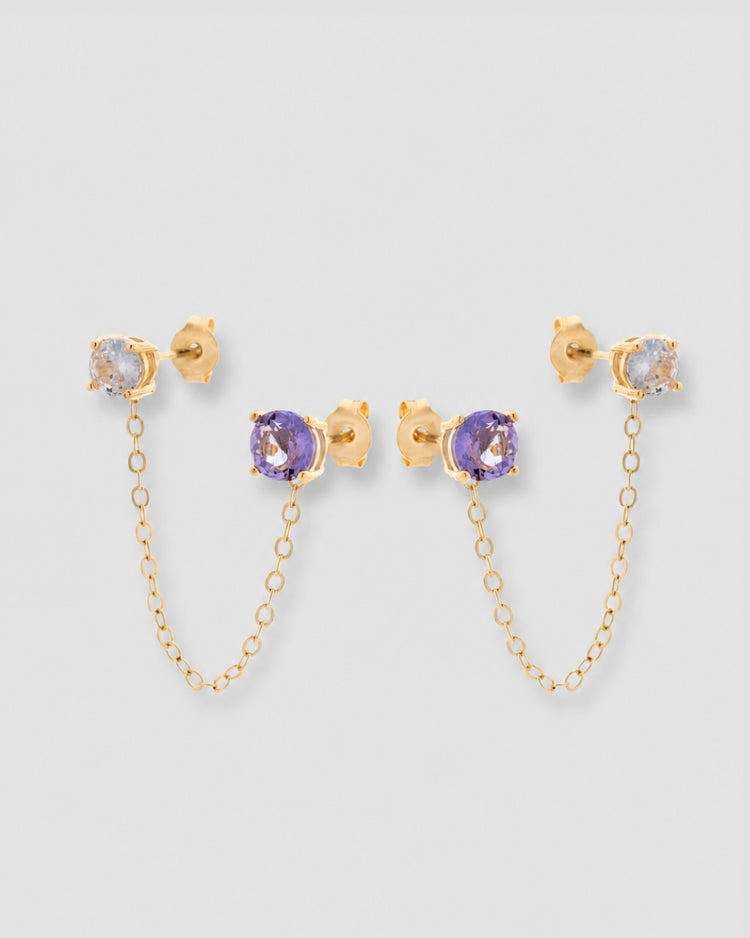 Ear line corrente zircônia lavanda e incolor semijoia banhado a ouro para dois furos — acessório feminino Papoula