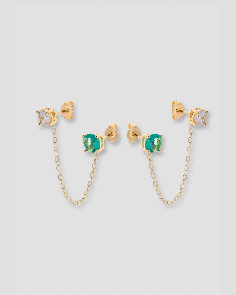 Brinco ear line corrente zircônia peridoto e incolor semijoia banhado a ouro para dois furos — acessório feminino Papoula