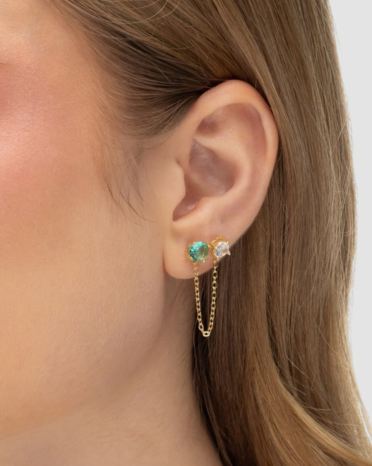 Modelo usando brinco ear line corrente zircônia peridoto e incolor banhado a ouro para dois furos na orelha — acessório feminino Papoula
