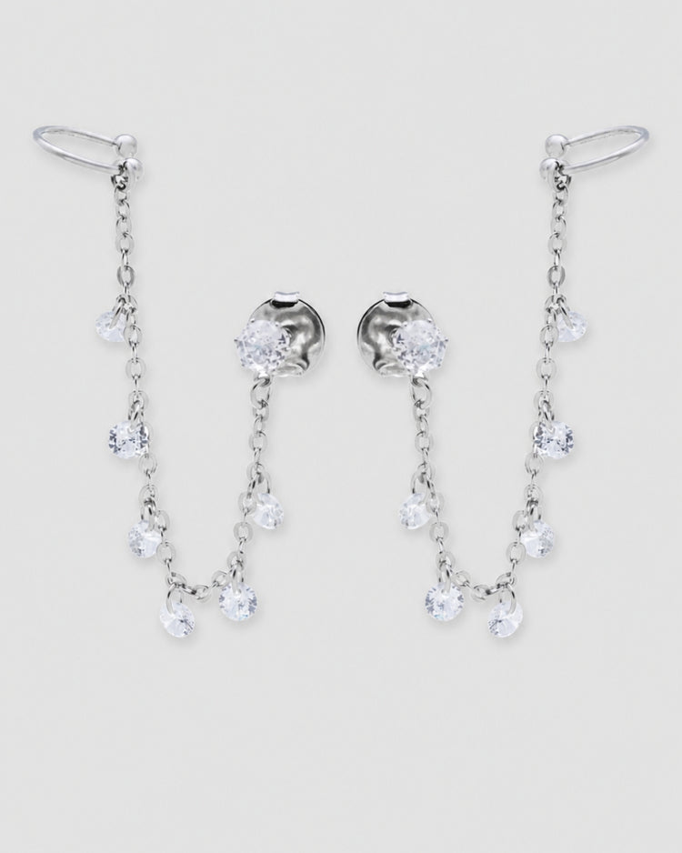 Brinco ear line piercing fake prateado com zircônia e corrente 7 cm banho de ródio — semijoia feminina ear stacking Papoula