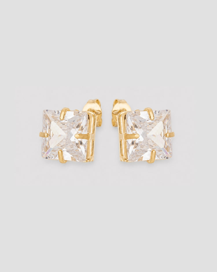 Brinco ponto de luz zircônia quadrada semijoia banhado a ouro 1 cm — acessório feminino Papoula