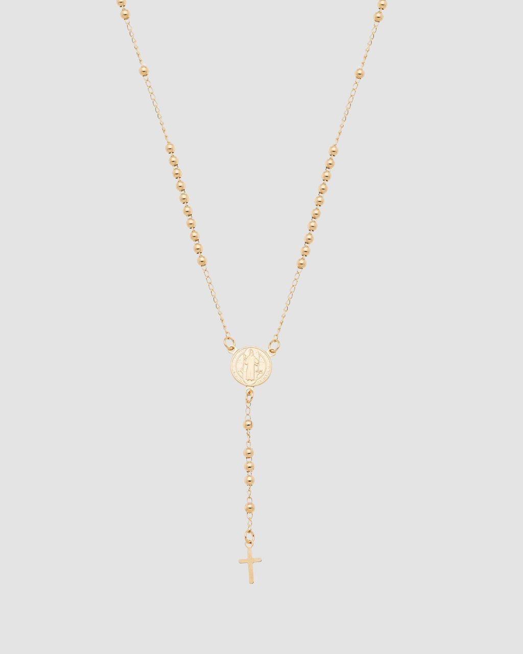colar Y terço São Bento semijoia banhada a ouro 18k com corrente bolinhas 45 cm e crucifixo — semijoia religiosa Papoula