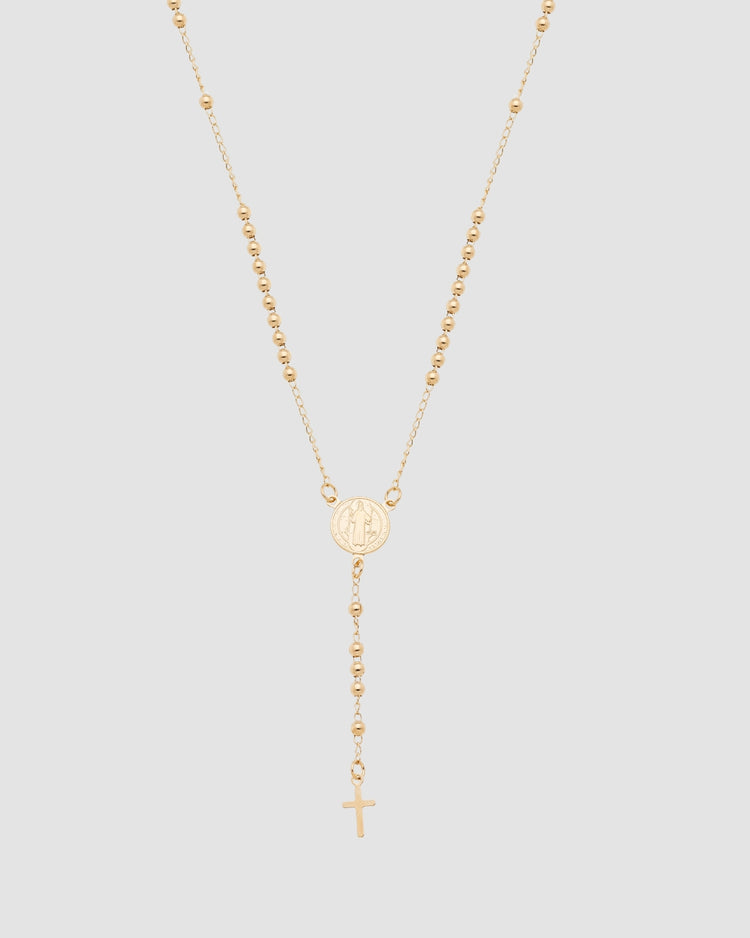 colar Y terço São Bento semijoia banhada a ouro 18k com corrente bolinhas 45 cm e crucifixo — semijoia religiosa Papoula
