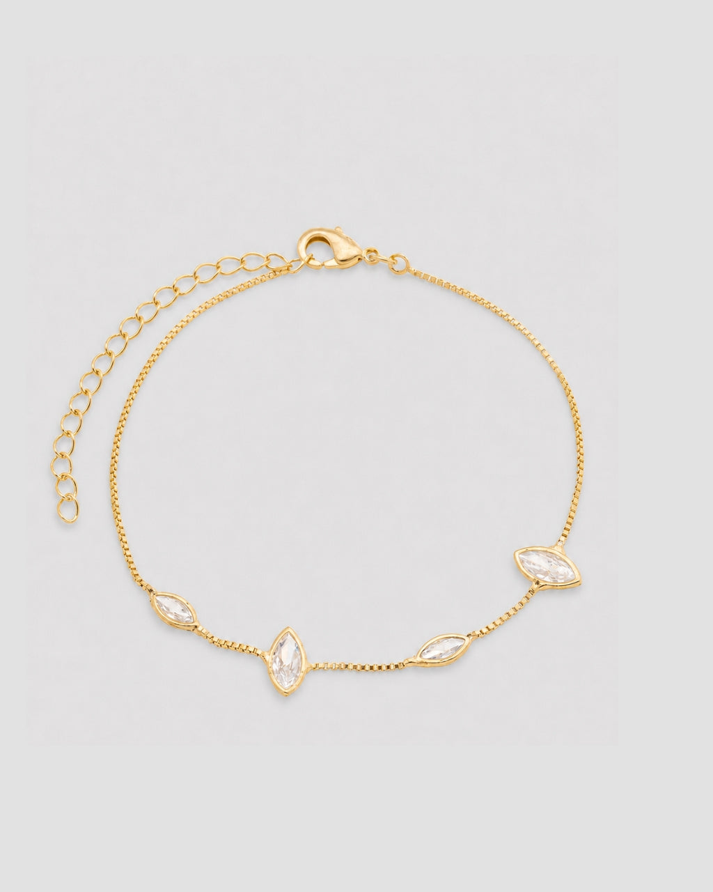 Pulseira corrente com zircônias navete semijoia banhado a ouro 16 cm — acessório feminino Papoula