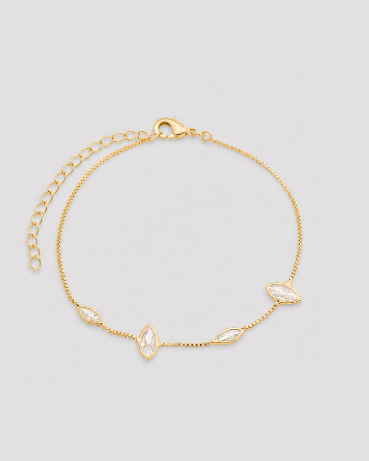 Pulseira corrente com zircônias navete semijoia banhado a ouro 16 cm — acessório feminino Papoula