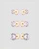 Trio brinco ponto de luz zircônia com base dourada em três tamanhos: 1 cm, 0,7 cm e 0,5 cm — semijoia feminina Papoula